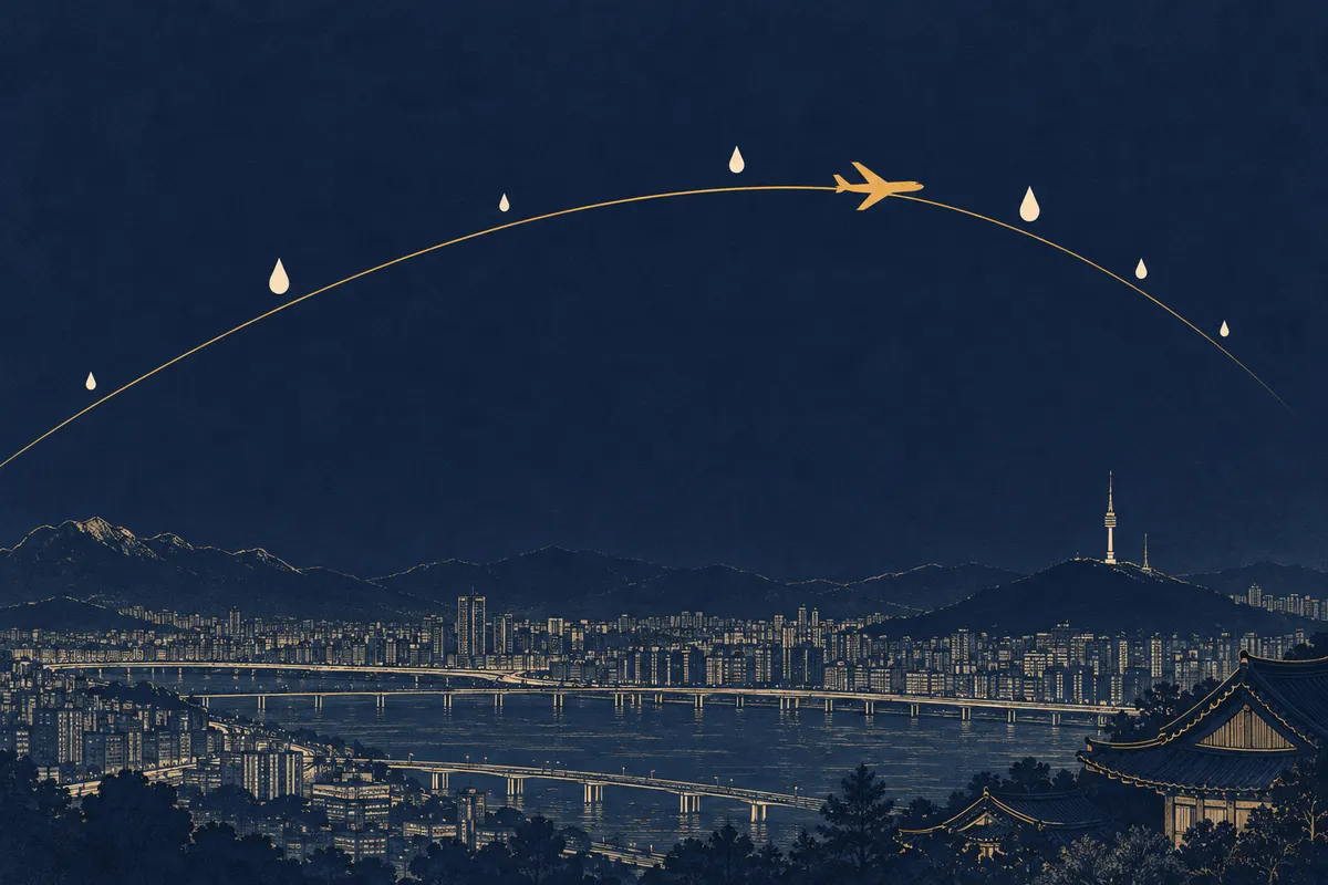 A thin saffron arc crossing a navy field above a faint city grid, with small pale droplets along the route