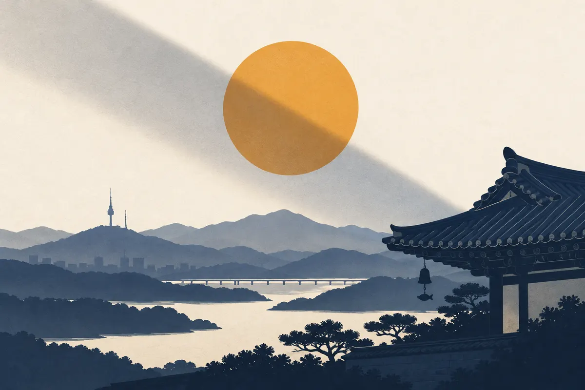 A saffron disc above layered navy shapes, with a soft shadow band suggesting shade over treated skin