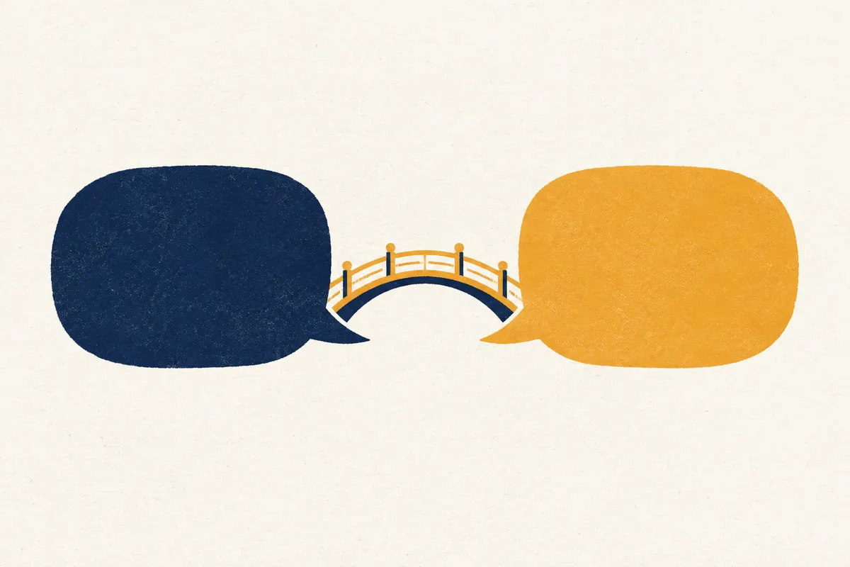 A navy speech bubble and a saffron speech bubble facing each other, joined by a small arched bridge