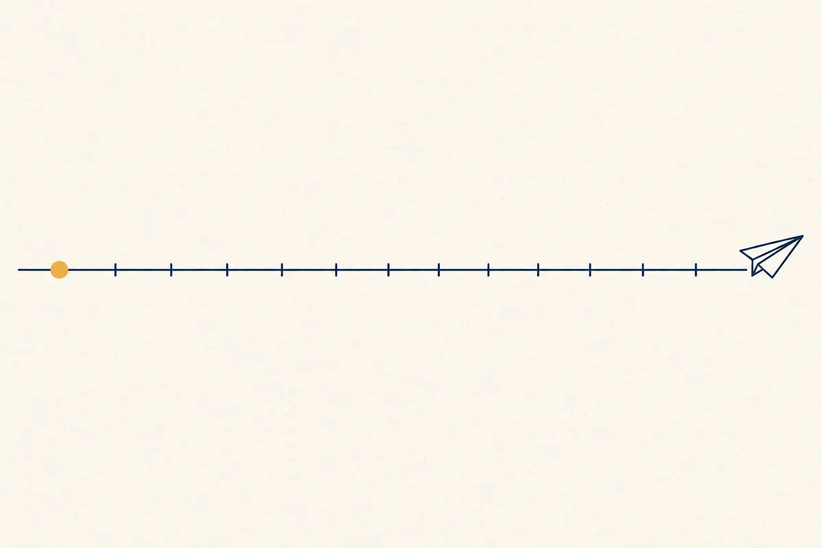 A navy timeline with a saffron marker near the start and a small paper plane shape at the far end