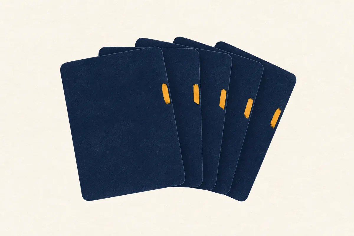 Five stacked navy cards, each with a small saffron mark on its right edge