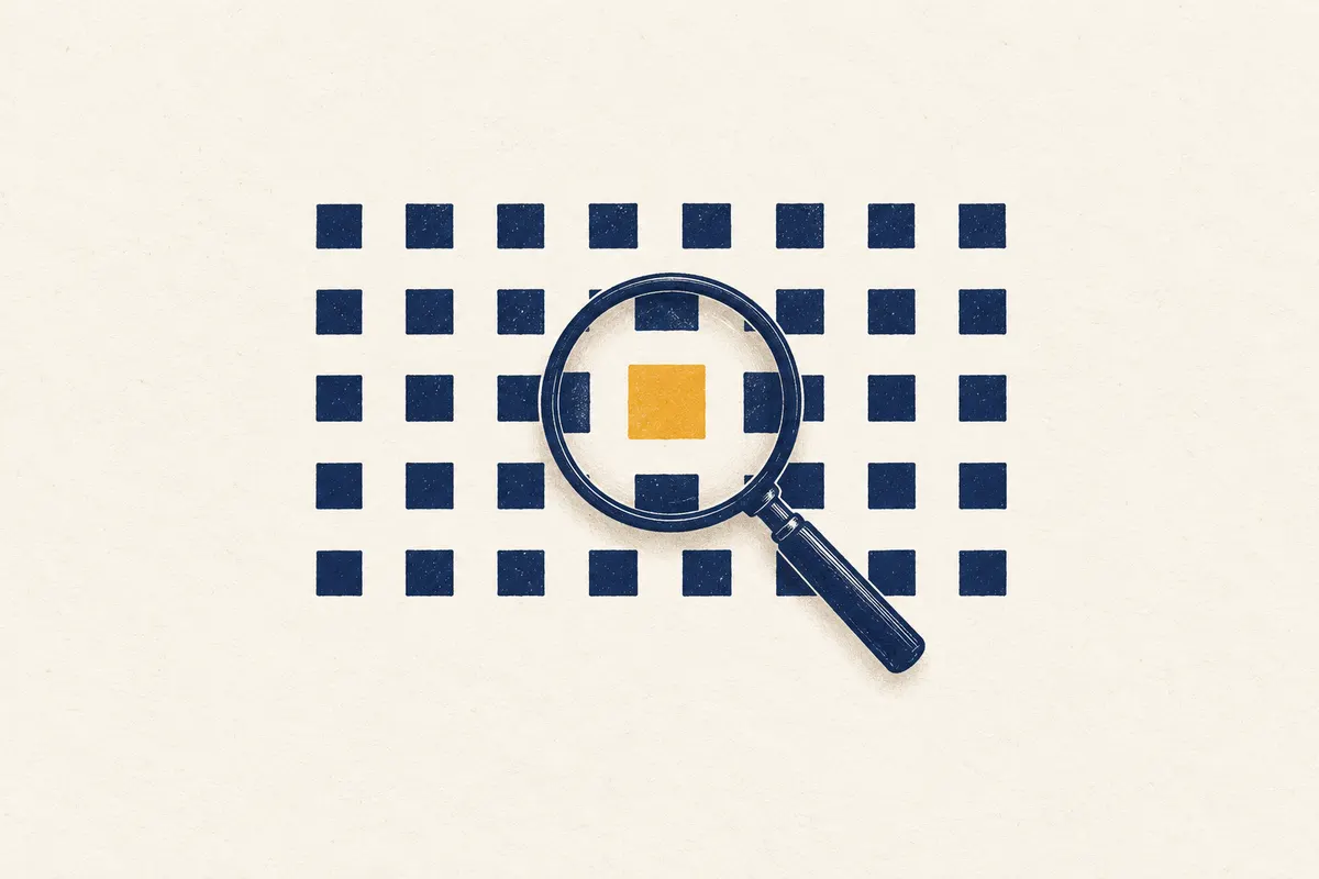 A magnifying lens over a grid of navy squares, with the square under it highlighted in saffron