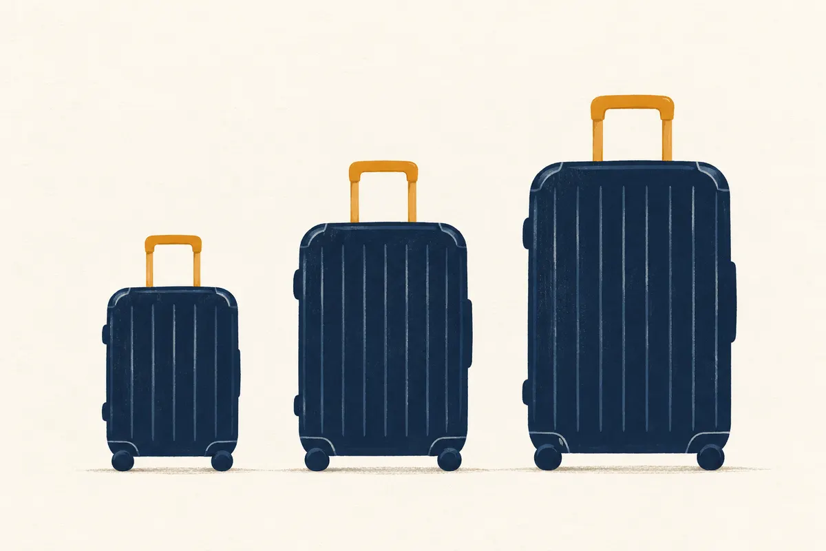 Three navy suitcase shapes in small, medium and large sizes with saffron handles
