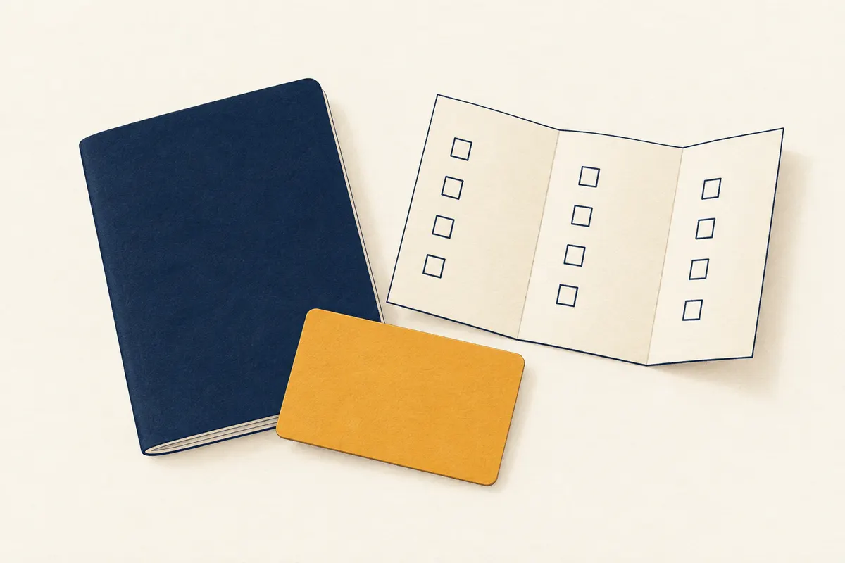Navy and saffron paper shapes laid out like travel documents and a folded checklist on a pale desk