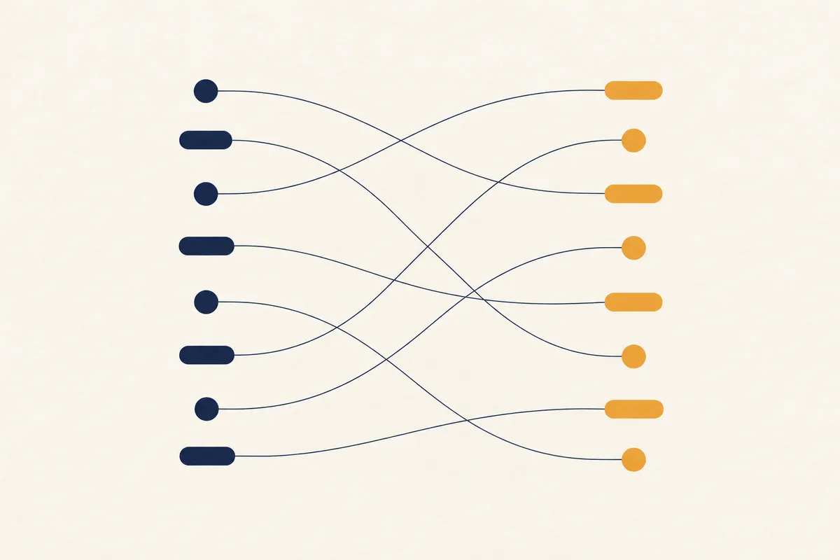 Two columns of navy and saffron dots joined by thin crossing lines, like a matching exercise