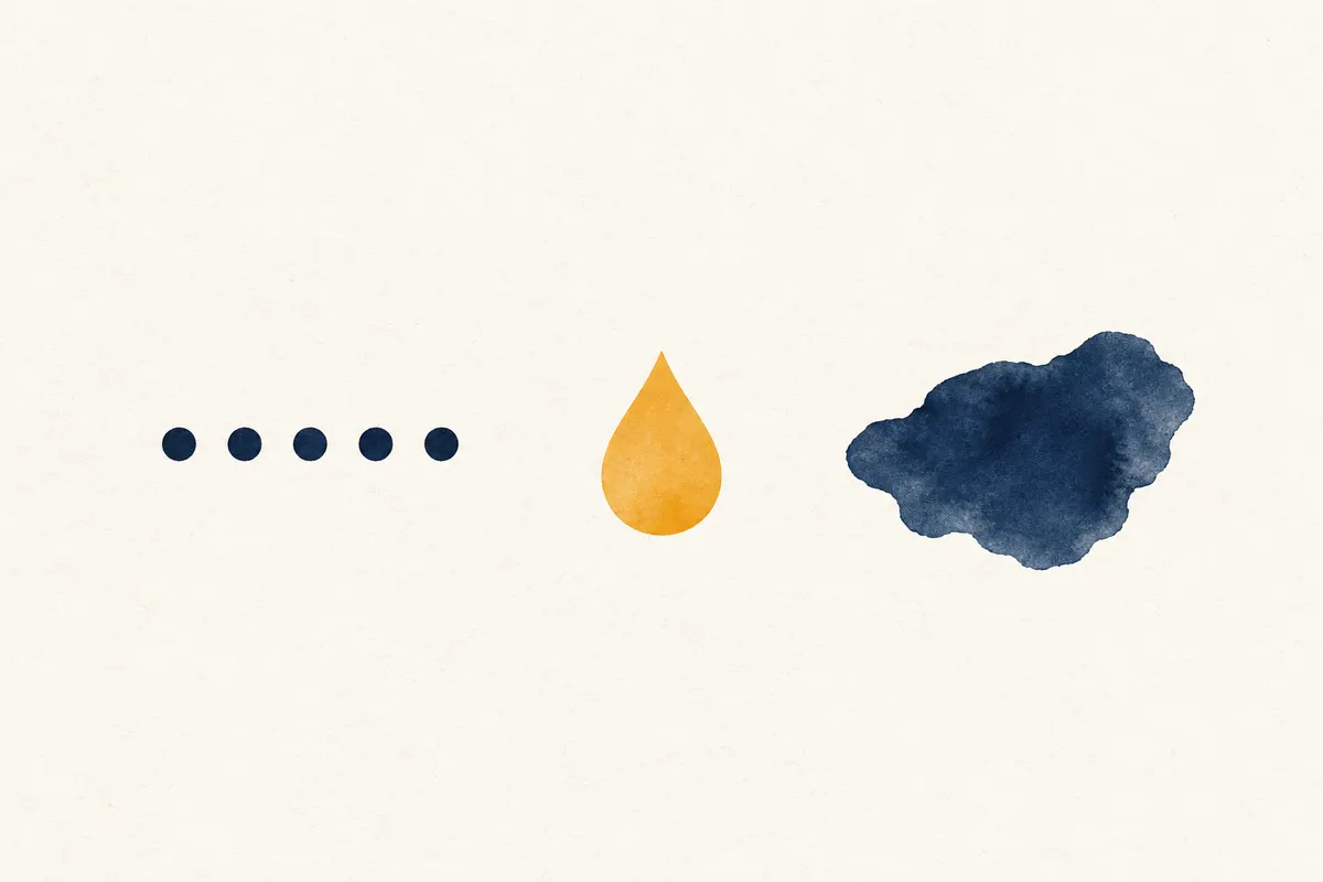 A row of navy dots, a saffron droplet and a shaded navy patch, suggesting shots, volume and area